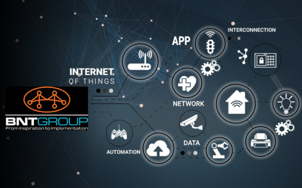 IoT ecosystem diagram showing automation, app connectivity, data, network, and interconnection with BNT GROUP logo