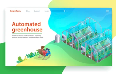 Illustration of a smart farm interface featuring an automated greenhouse system, showing a farmer remotely monitoring plant growth using digital technology.