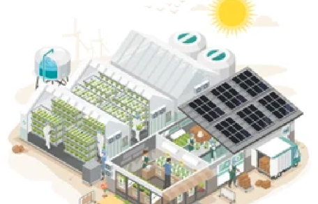 Illustration of a sustainable smart farm with solar panels, vertical farming, water recycling, and automated greenhouse systems powered by clean energy.